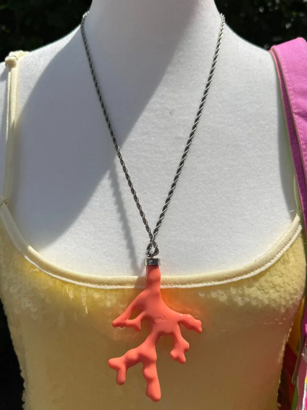 Kenneth Jay Lane Faux Coral Silver Necklace Rope Chain